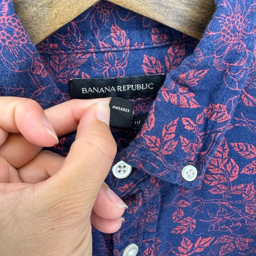 Men's Cotton Button-Down Shirt in Navy with Pink Floral Print By Banana Republic